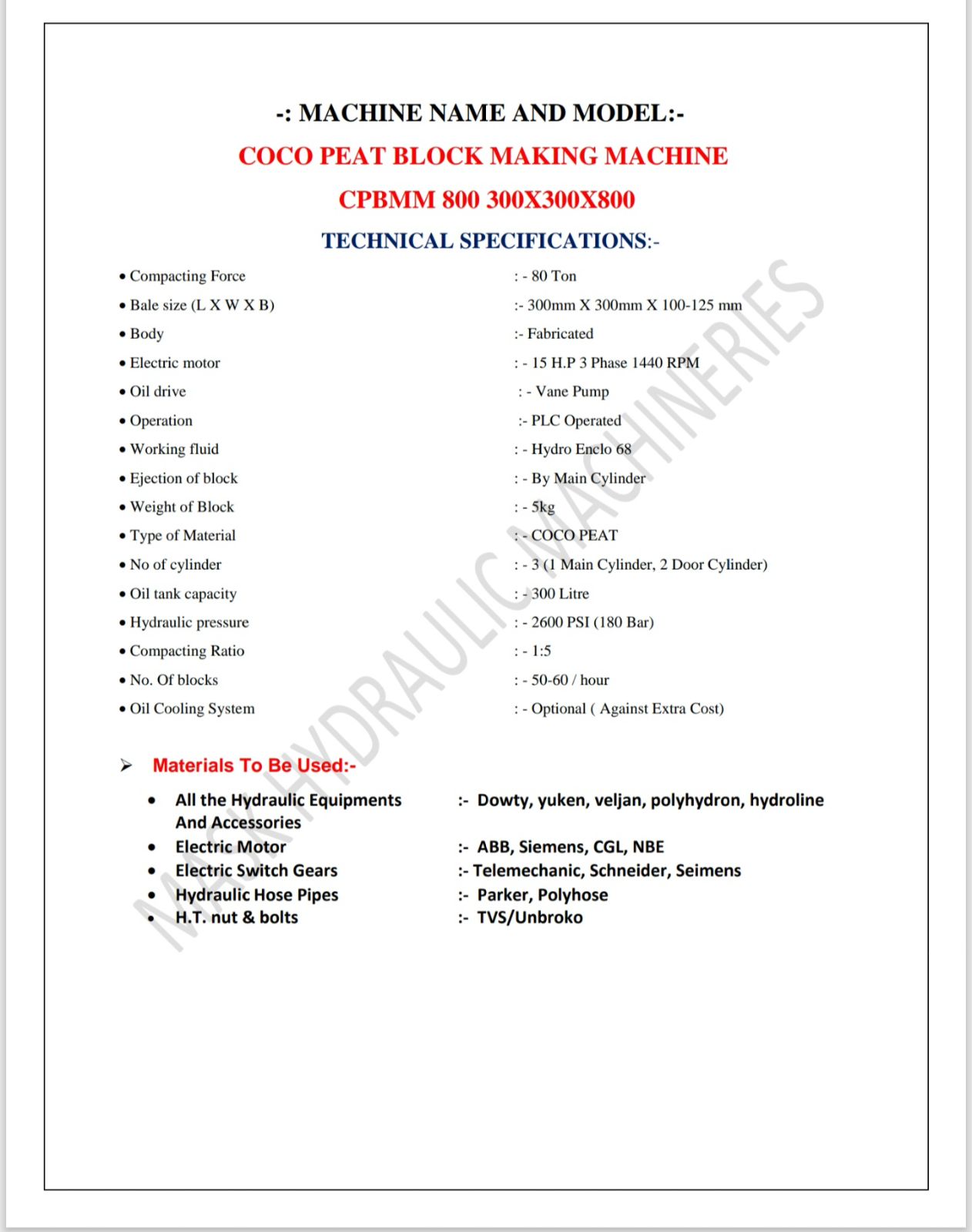 Used Coco Peat Block Making Machine CPBMM 800 – 80 Ton, 15 HP 3
