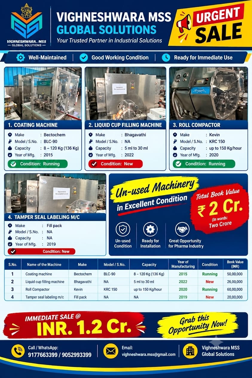 URGENT SALE – USED & NEW PHARMACEUTICAL MACHINERY LOT | COATING, CAPSULE FILLING, HOT MELT EXTRUDER, ROLL COMPACTOR & PACKAGING MACHINES**